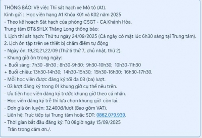 THÔNG BÁO VỀ THI SÁT HẠCH LÁI XE A1